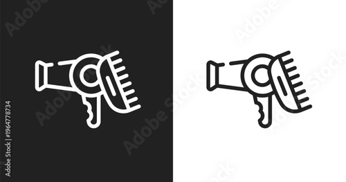 Hairdryer and comb icon. Linear black, white icon from hair salon collection. Outline hairdryer and comb vector. Thin line symbol isolated on white and black background