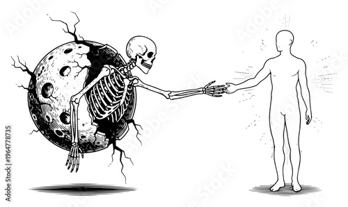 Skeleton emerging from cracked planet reaching towards human silhouette line art style