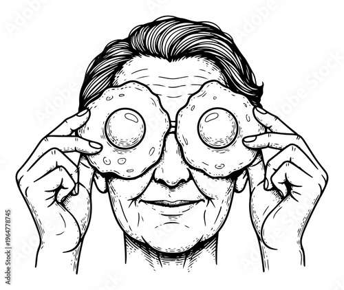 Elderly woman holding fried eggs over eyes as glasses humorous engraving style