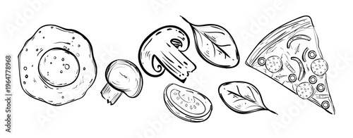 A collection of hand-drawn food ingredients including a fried egg, mushrooms, spinach, tomato, and a slice of pizza in sketch style.