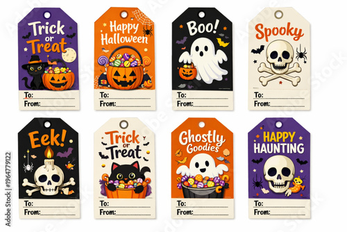 Halloween Gift Tags Set Trick or Treat Party Labels with Black Cat, Ghost, Skull and Candy Bucket Vector Illustration