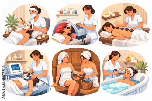 Women in Spa and Wellness Beauty Salon Vector Illustration – Professional Skin and Body Treatments