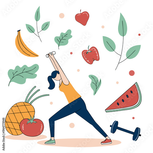 Woman in yoga pose with fruit and vegetables around her healthy