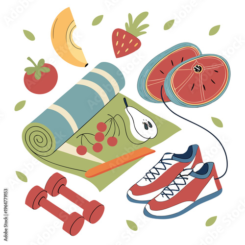 Fitness with fruits and vegetables on green and blue background fitness fruits colorful