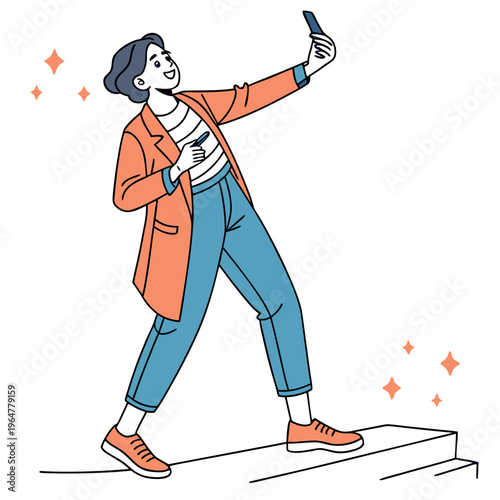 Young woman taking selfie while standing on step and smiling phone