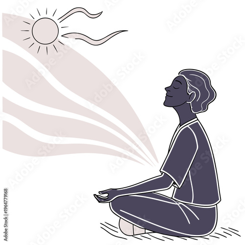 Woman meditating in lotus position with sun line purple