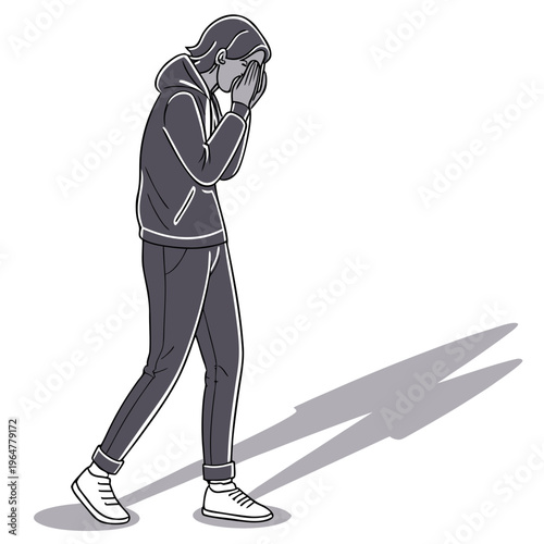 Sad woman walking with head in hands and covered face depressed unhappy sorrowful