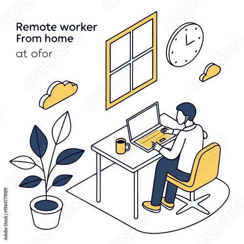 Remote worker sitting at desk with laptop and coffee from home
