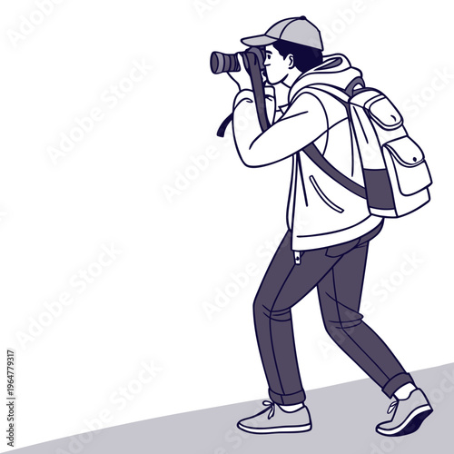 Photographer with camera and backpack equipment profession