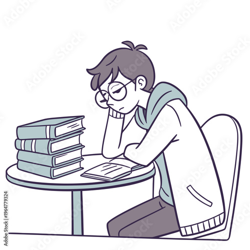 Young man studying at a table with books and laptop student