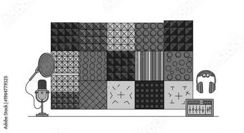 A wall covered with various textured grey acoustic panels is shown with a microphone, headphones, and audio mixer in front.