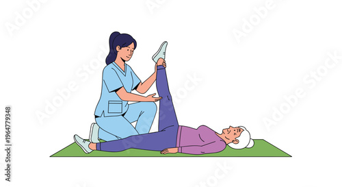 A female therapist in light blue scrubs assists an elderly woman in purple with a leg-raise exercise on a green mat against a white background.