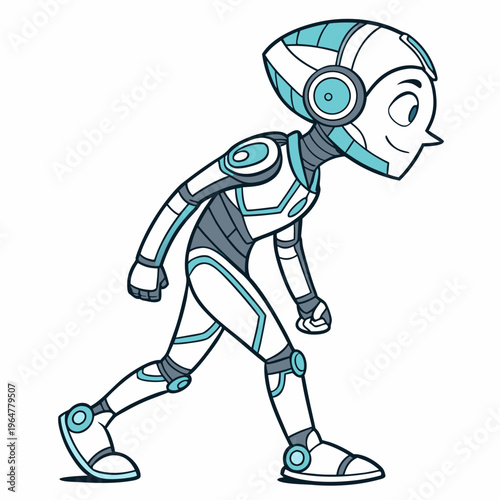 Smiling robot walking with headphones happy