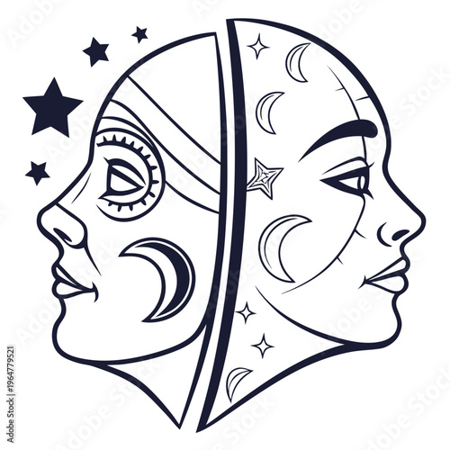 Of two faces with celestial and moon phase moon phases stars white background