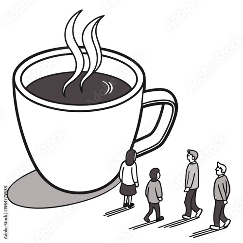 Giant coffee cup with people walking by