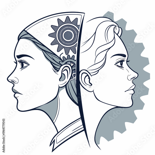 Of two women's faces with robotic and gear technology