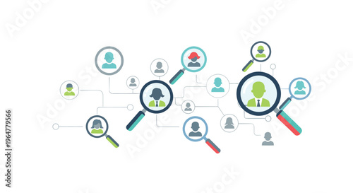 A network of interconnected human profile icons, some highlighted within magnifying glasses, floats against a clean white background.