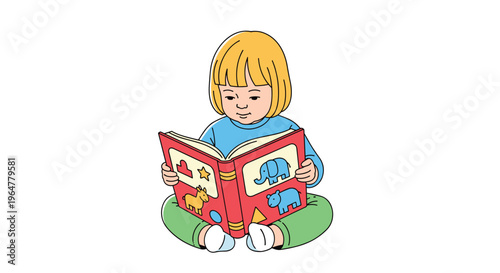 A cartoon toddler with short blonde hair sits cross-legged on a white background, engrossed in reading a large, colorful picture book.