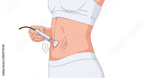 A woman's bare midsection is being treated with a handheld ultrasonic device emitting circular waves on a white background.