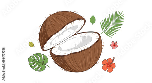 Two cracked coconut halves with textured white pulp are scattered with broad green tropical leaves and red hibiscus flowers on a white backdrop.