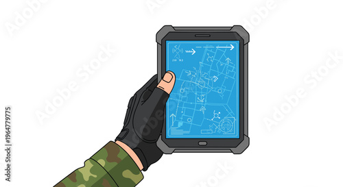 A gloved hand in a camouflage sleeve holds a ruggedized tablet displaying a blue schematic map on a white background.