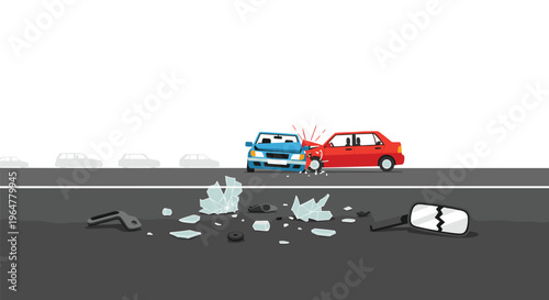 A blue car and a red car are crashed in a side-impact collision on a grey road with debris scattered in the foreground.