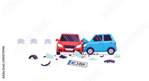 A red car and a blue car are crashed head-on with debris scattered on the ground and faint cars in the background.