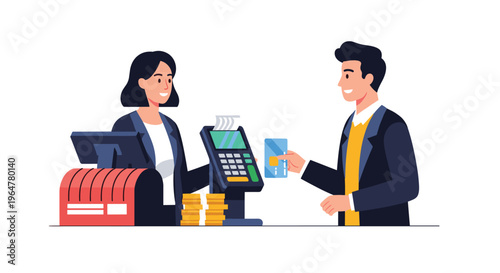 A smiling female cashier assists a male customer making a smartphone payment at a checkout counter.