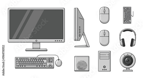 A collection of grayscale computer peripherals including a monitor, keyboard, mice, headphones, CPU, and webcam is displayed.