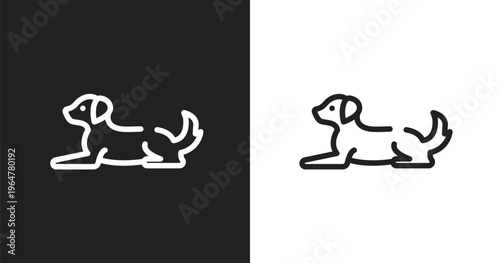 Dog lying icon. Linear black, white icon from dog and training collection. Outline dog lying vector. Thin line symbol isolated on white and black background