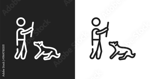 Man dog and stick icon. Linear black, white icon from dog and training collection. Outline man dog and stick vector. Thin line symbol isolated on white and black background
