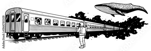 Space train traveling through star clouds with astronaut and swimming whale in engraving style