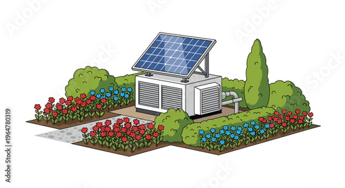 An outdoor HVAC unit with a solar panel is nestled within a vibrant garden featuring red and blue flower beds and green bushes.
