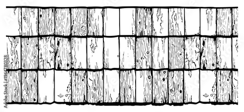 Wooden fence texture with vertical planks and grain details in hand drawn engraving style