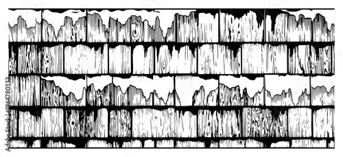 Wooden planks covered with snow or melting white substance in vintage engraving style