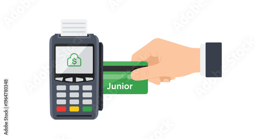 A hand is inserting a green Junior credit card into a point-of-sale terminal displaying a cloud and dollar sign icon.