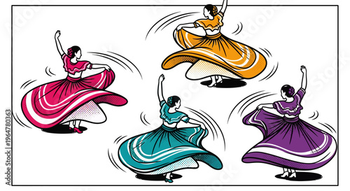 Vibrant women dancing in colorful traditional dresses with energetic movements