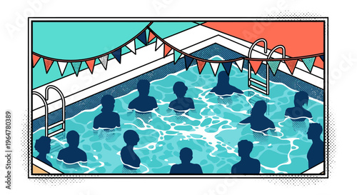 Retro pop art pool party with silhouette figures and vibrant colors