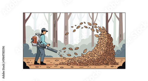 Person using leaf blower in dense forest setting