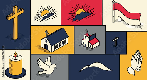 Retro religious icons with church, cross, and dove in bold colors