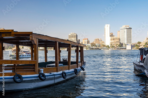 February 19, 2026. Cairo, Egypt: Streets of the ancient Egyptian city of Cairo, a quiet harbor for pleasure boats on the banks of the Nile River.