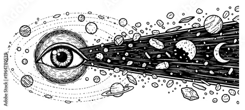 Cosmic eye emitting celestial beam with planets and stars in outer space surreal engraving style