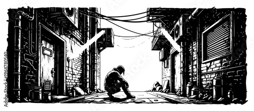 Lonely figure sitting in dark narrow urban alleyway between old buildings dramatic engraving style