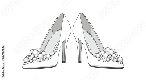 A pair of white pointed-toe high heels adorned with numerous spherical pearl embellishments is symmetrically displayed.