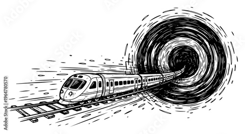 High speed train traveling into swirling cosmic vortex or wormhole dynamic engraving style