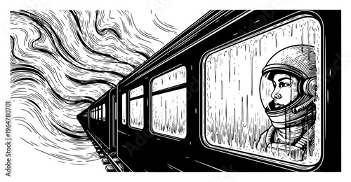 Astronaut looking through rainy train window in surreal engraving style