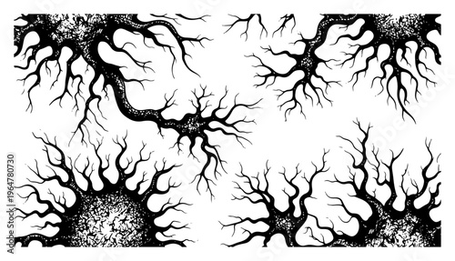 Organic neural structures and branching roots in dark linocut engraving style