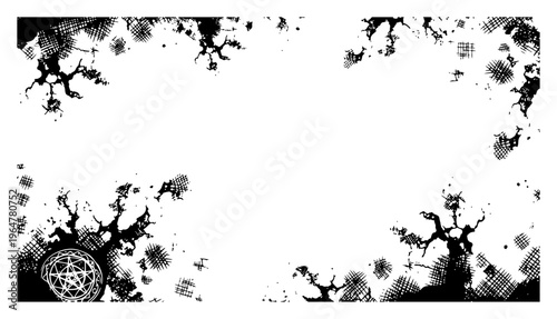 Distressed grunge border with cracks and mystical seal in vintage etched style