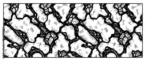 Abstract organic pattern resembling cracked dry earth or bark in hand drawn engraving style