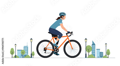 A stylized illustration shows a woman in a blue helmet riding an orange road bicycle through a minimalist city landscape.